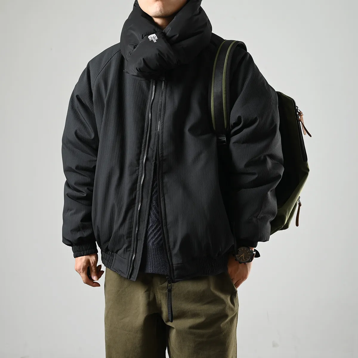 Men’s Puffer Jacket – Pleated Texture – Brown Windbreaker Style