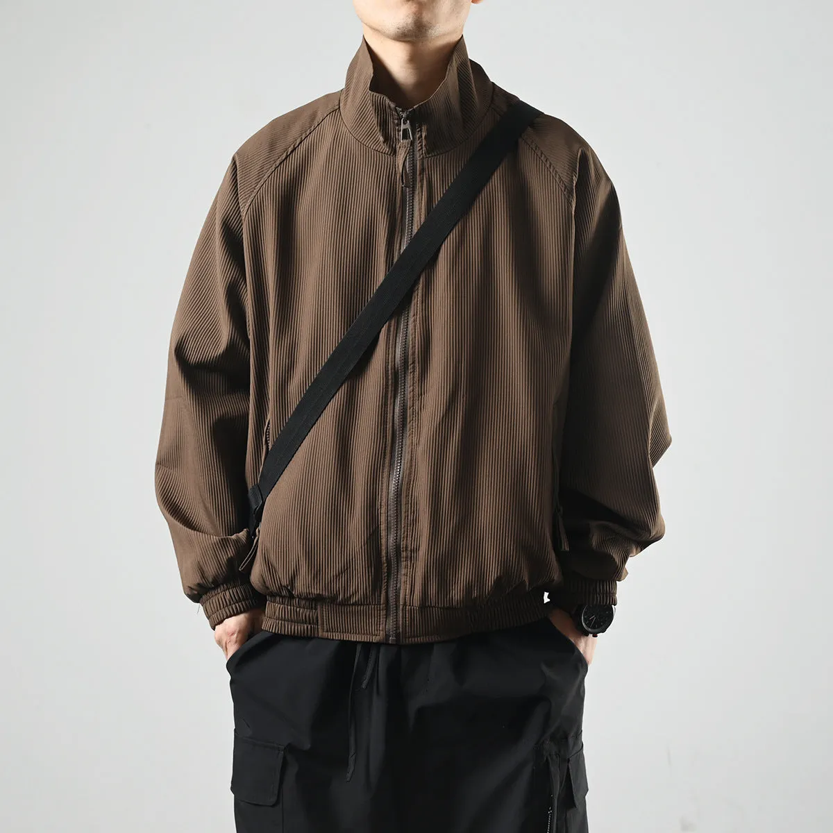 Men’s Puffer Jacket – Pleated Texture – Brown Windbreaker Style