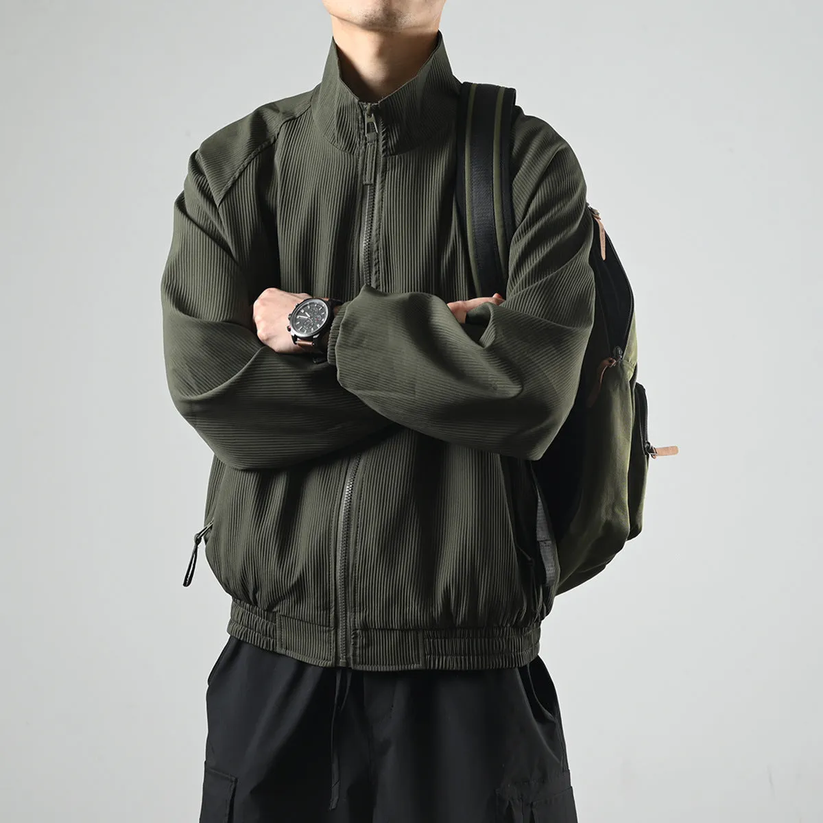 Men’s Puffer Jacket – Pleated Texture – Brown Windbreaker Style