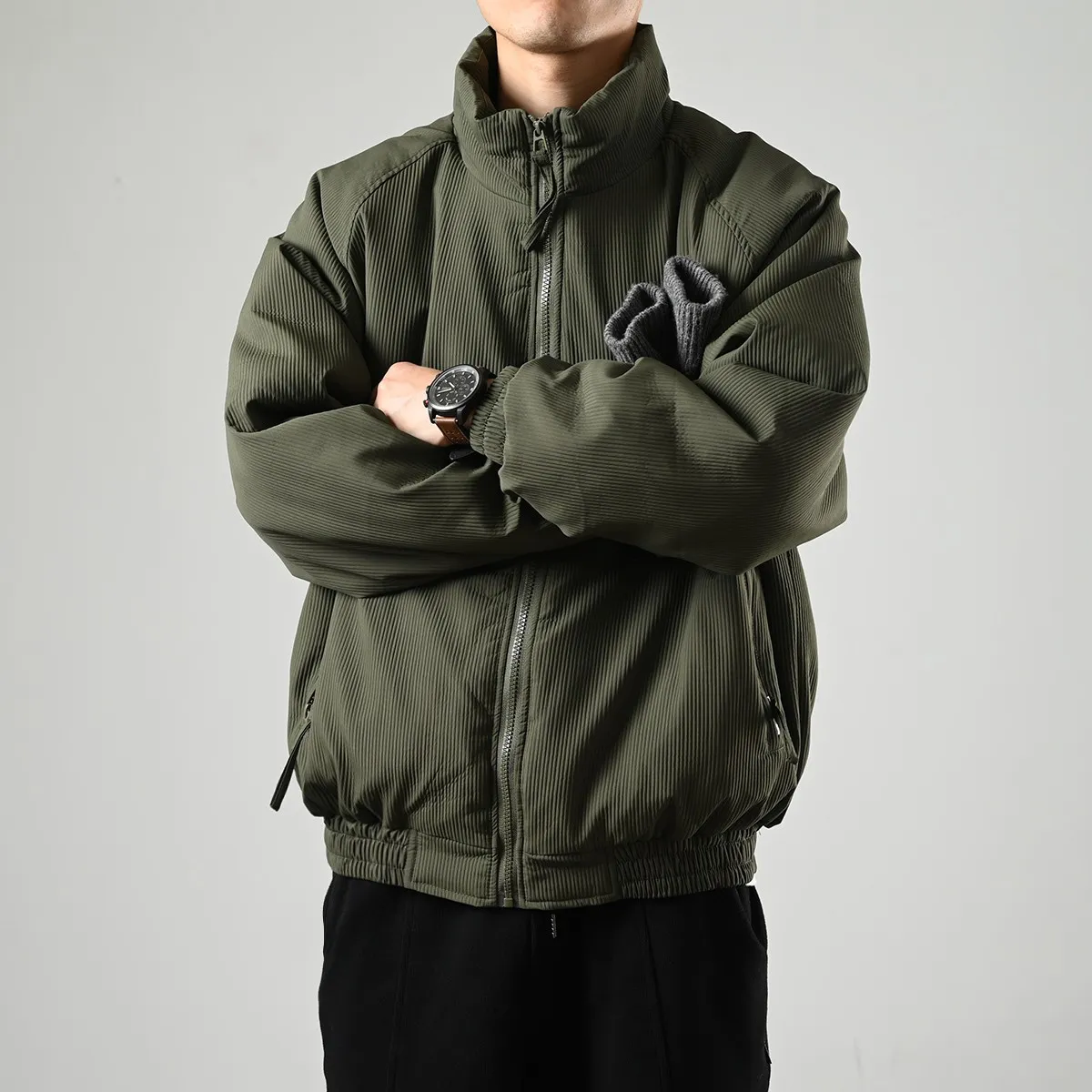 Men’s Puffer Jacket – Pleated Texture – Brown Windbreaker Style