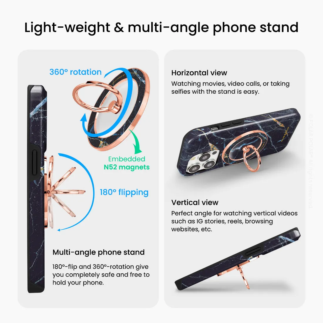 Midnight Marble - Rose Gold MagSafe Phone Grip and Ring Holder Stand