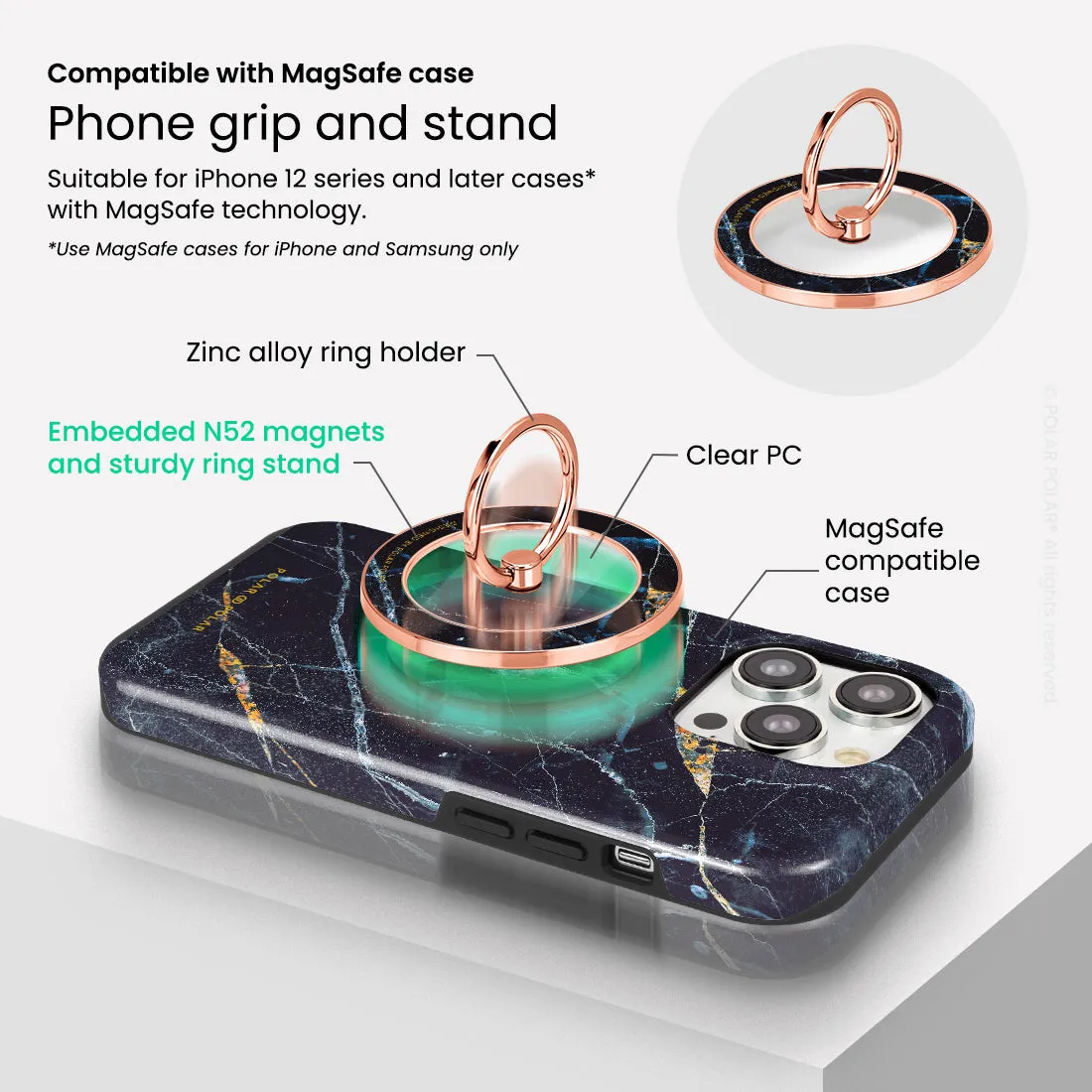 Midnight Marble - Rose Gold MagSafe Phone Grip and Ring Holder Stand