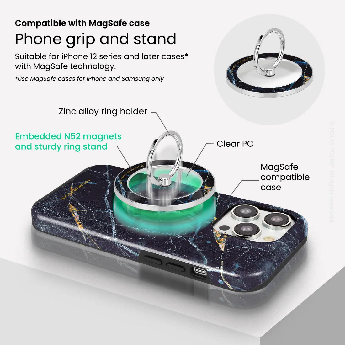 Midnight Marble - Silver MagSafe Phone Grip and Ring Holder Stand