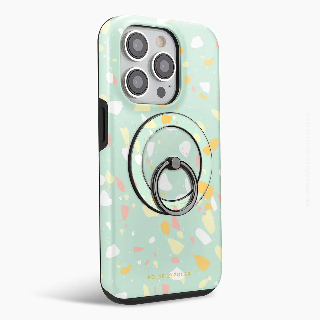 Mist Green Terrazzo - Black MagSafe Phone Grip and Ring Holder Stand