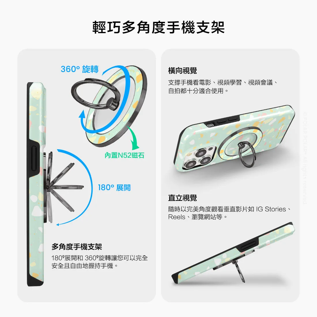Mist Green Terrazzo - Black MagSafe Phone Grip and Ring Holder Stand