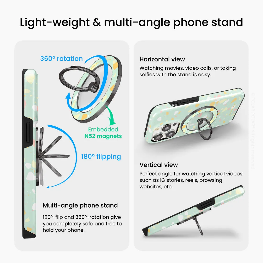 Mist Green Terrazzo - Black MagSafe Phone Grip and Ring Holder Stand
