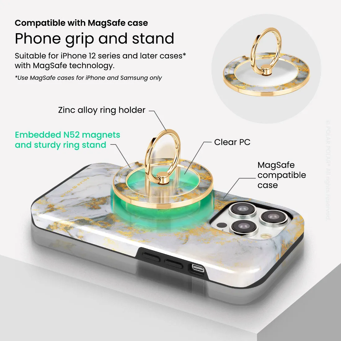 Mist Marble - Golden MagSafe Phone Grip and Ring Holder Stand