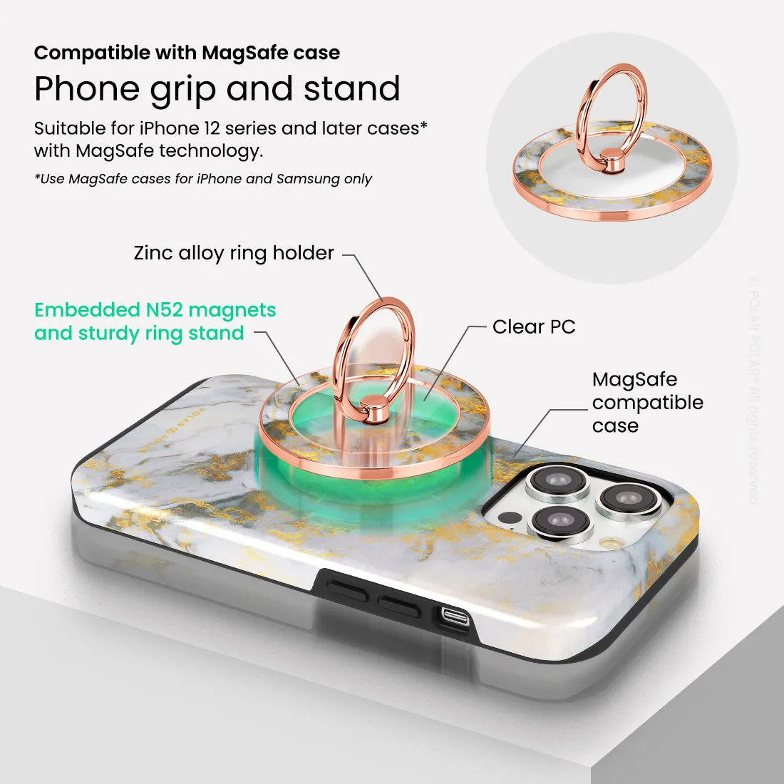 Mist Marble - Rose Gold MagSafe Phone Grip and Ring Holder Stand