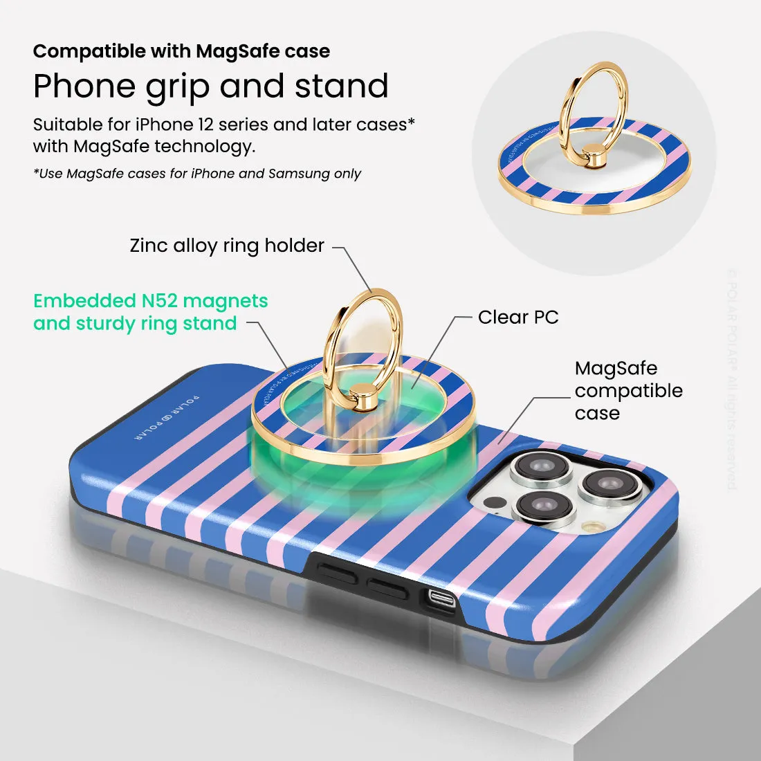 Navy Pink Stripe - Golden MagSafe Phone Grip and Ring Holder Stand