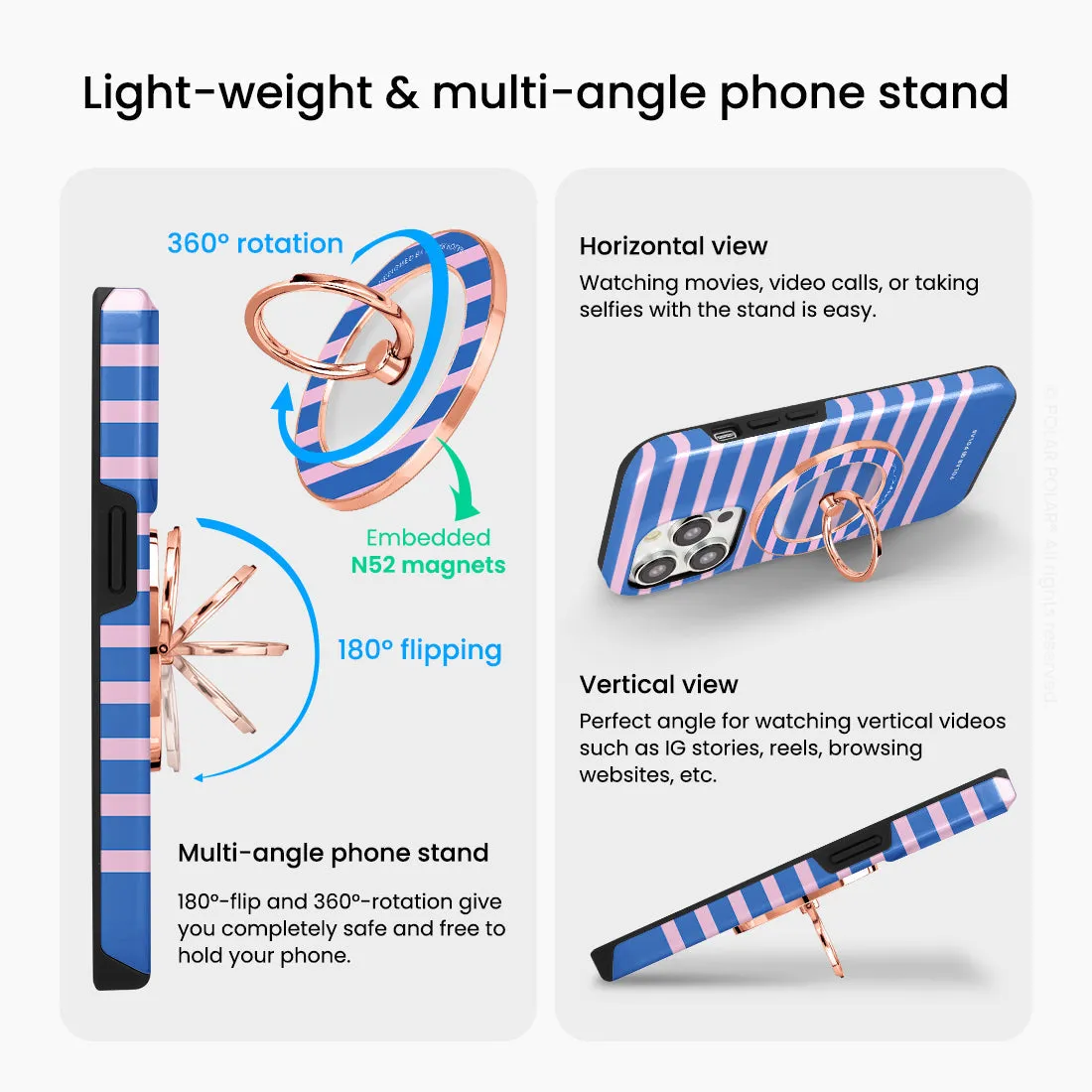 Navy Pink Stripe - Rose Gold MagSafe Phone Grip and Ring Holder Stand