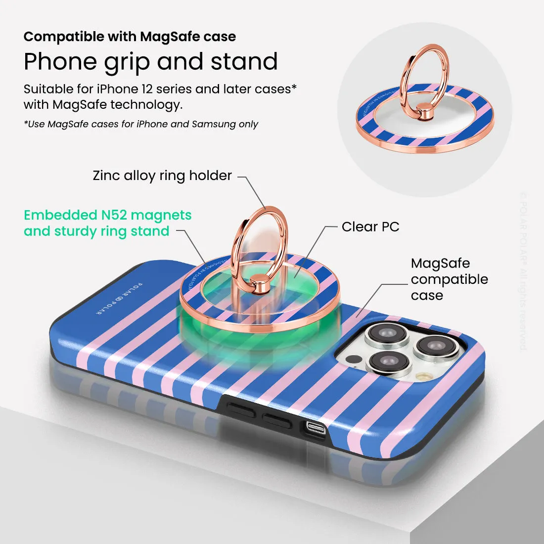 Navy Pink Stripe - Rose Gold MagSafe Phone Grip and Ring Holder Stand