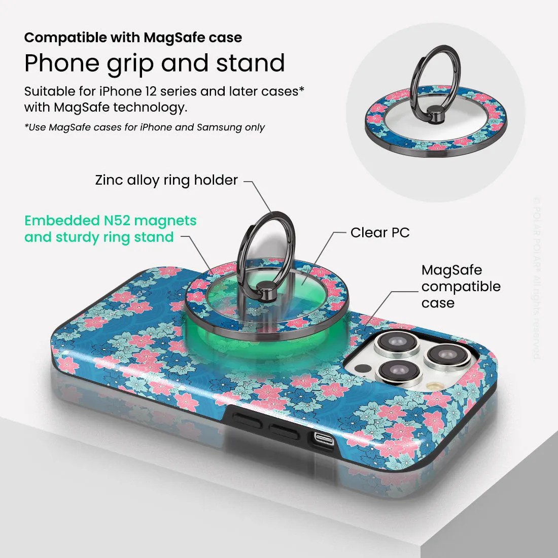 Navy Sakura Wave - Black MagSafe Phone Grip and Ring Holder Stand