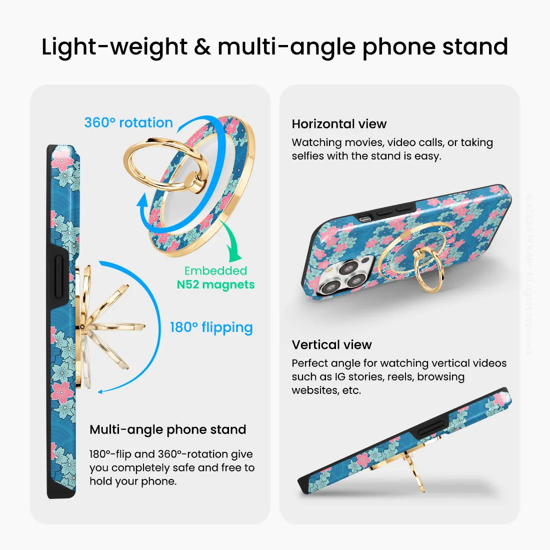 Navy Sakura Wave - Golden MagSafe Phone Grip and Ring Holder Stand