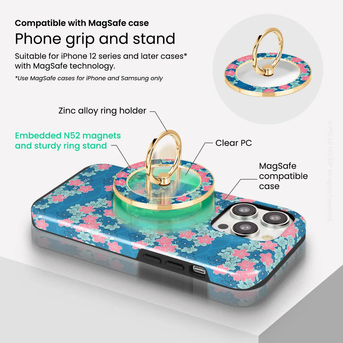 Navy Sakura Wave - Golden MagSafe Phone Grip and Ring Holder Stand