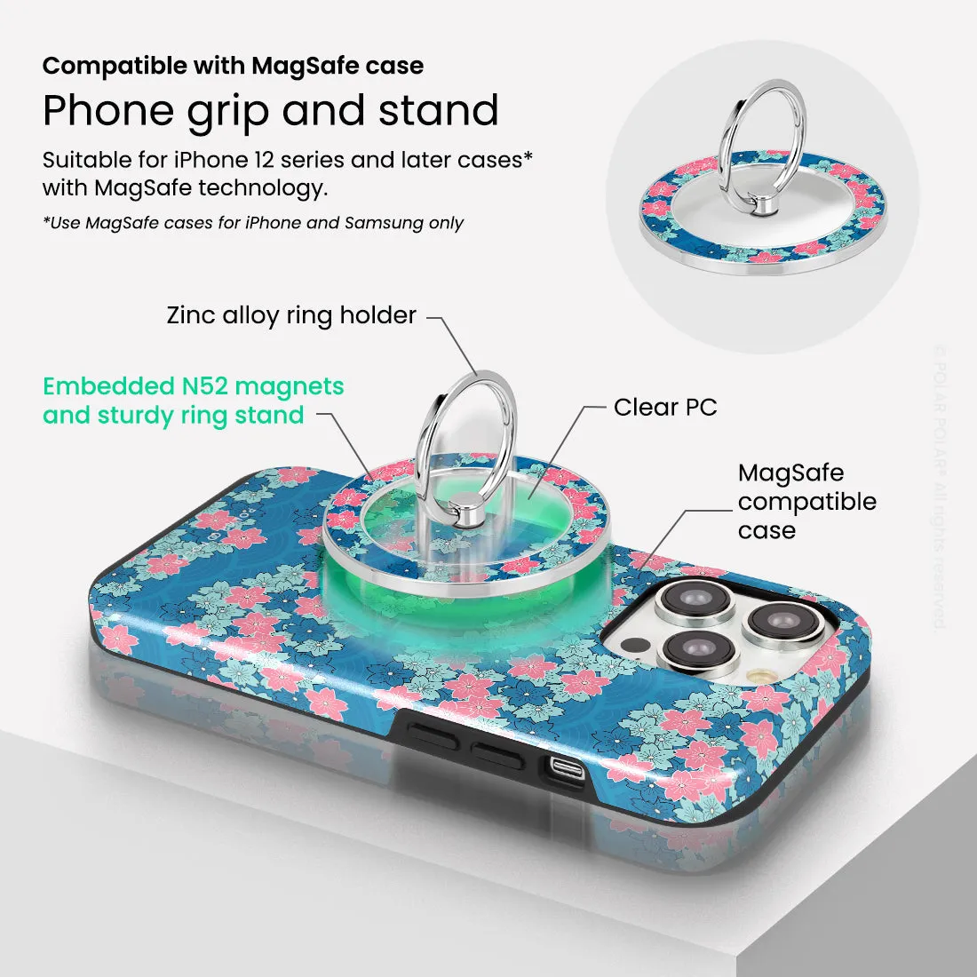 Navy Sakura Wave - Silver MagSafe Phone Grip and Ring Holder Stand