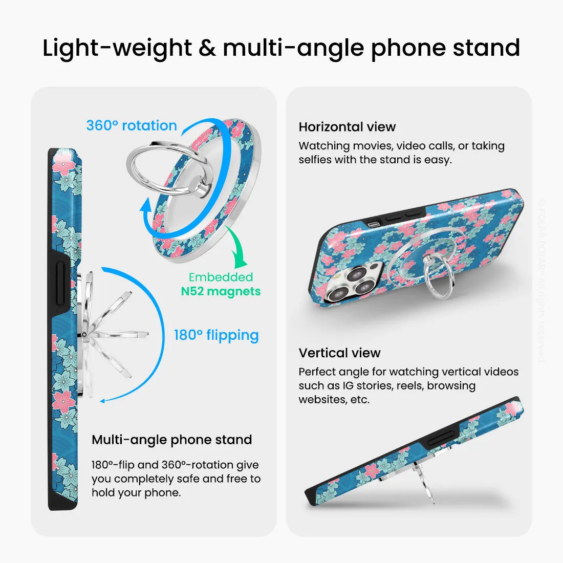 Navy Sakura Wave - Silver MagSafe Phone Grip and Ring Holder Stand