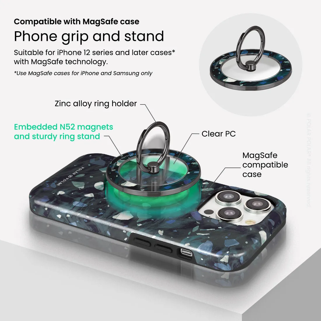 Nordic Terrazzo Gem - Black MagSafe Phone Grip and Ring Holder Stand