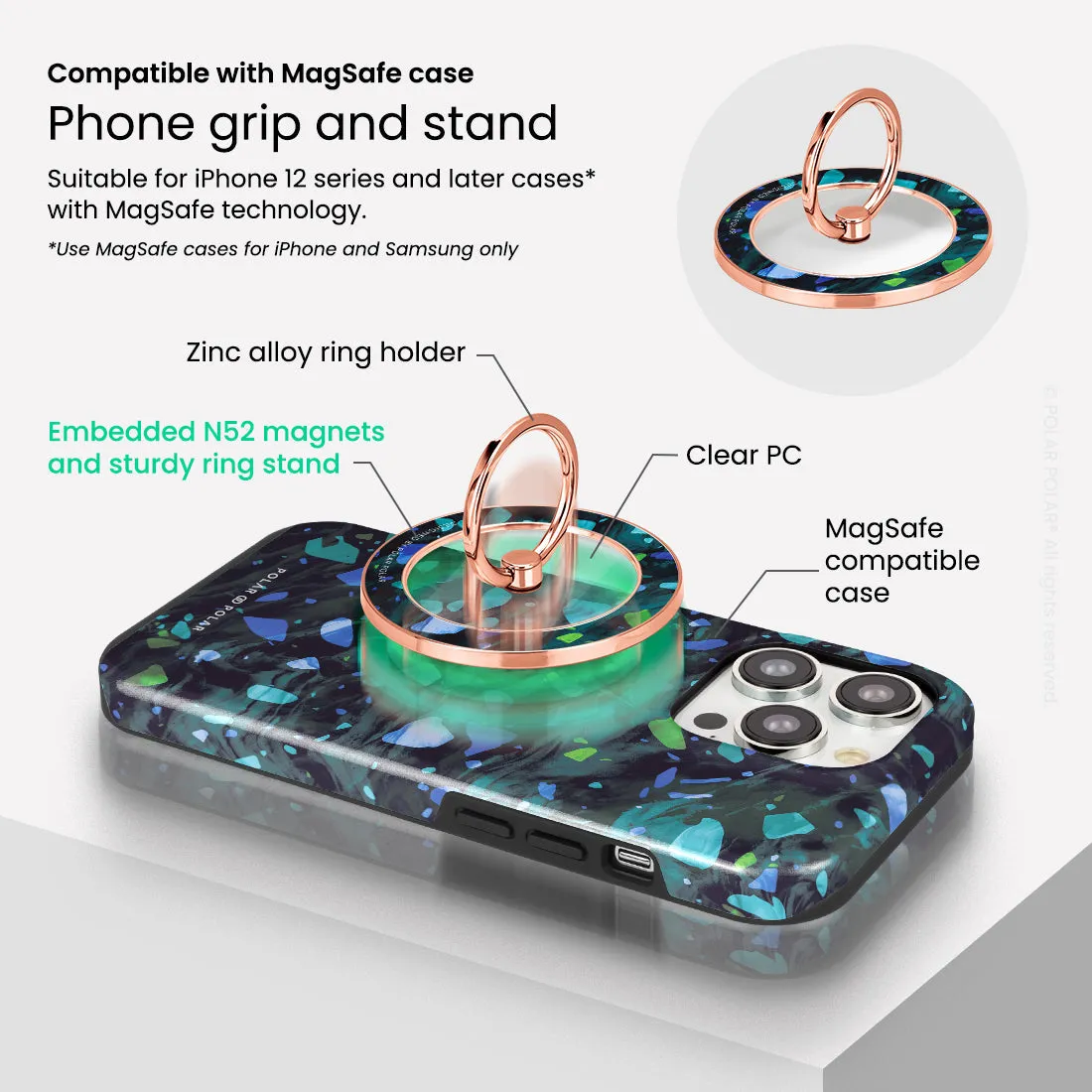 Ocean Terrazzo Gem - Rose Gold MagSafe Phone Grip and Ring Holder Stand