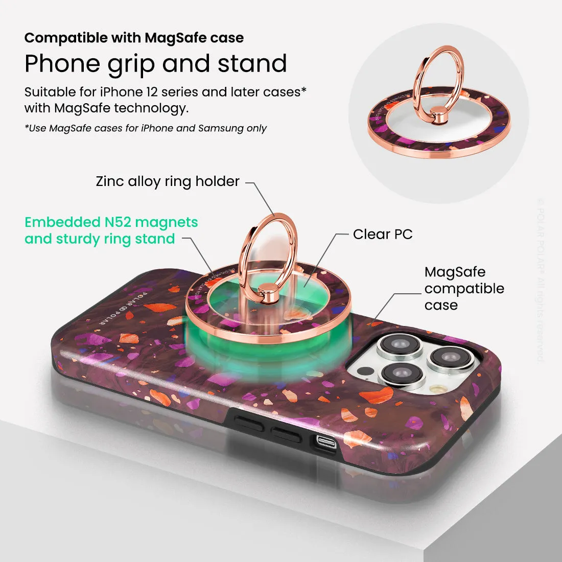 Paprika Terrazzo Gem - Rose Gold MagSafe Phone Grip and Ring Holder Stand