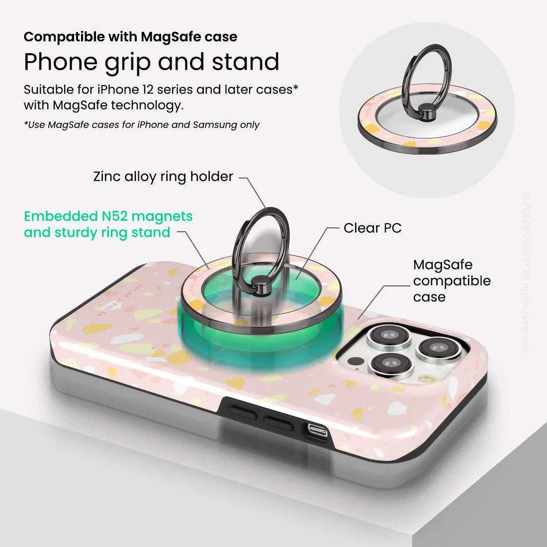 Pink Peony Terrazzo - Black MagSafe Phone Grip and Ring Holder Stand