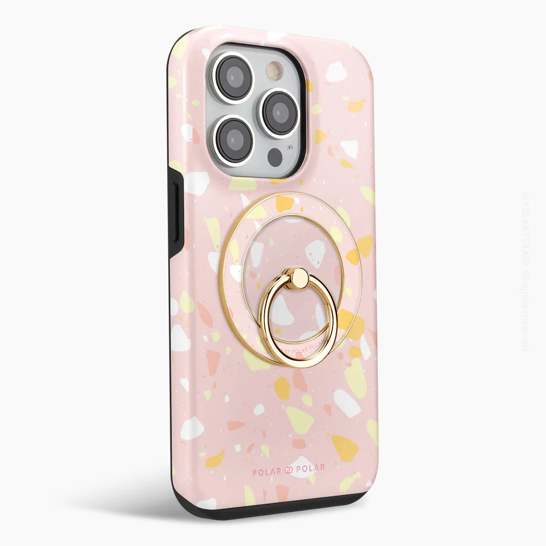 Pink Peony Terrazzo - Golden MagSafe Phone Grip and Ring Holder Stand