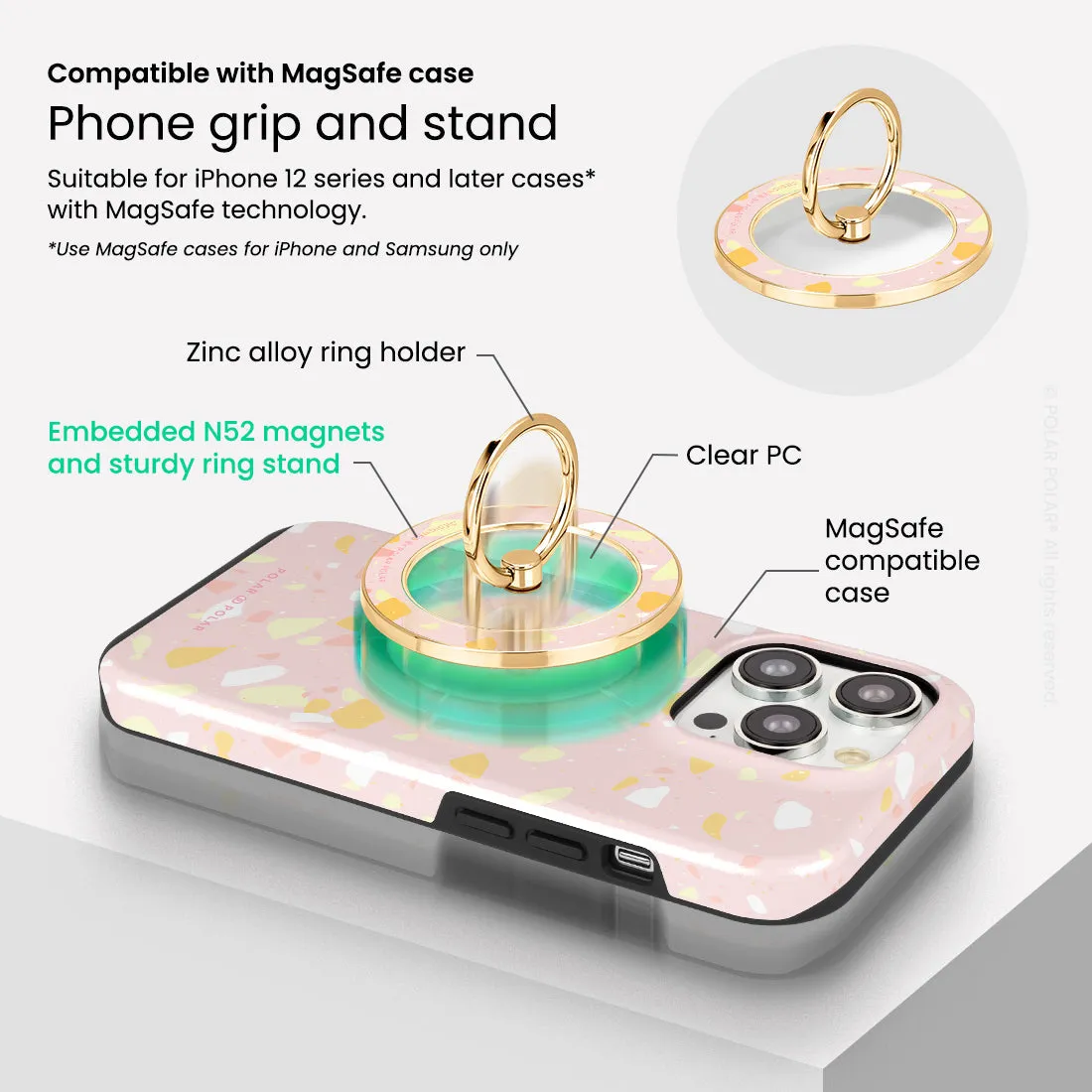 Pink Peony Terrazzo - Golden MagSafe Phone Grip and Ring Holder Stand
