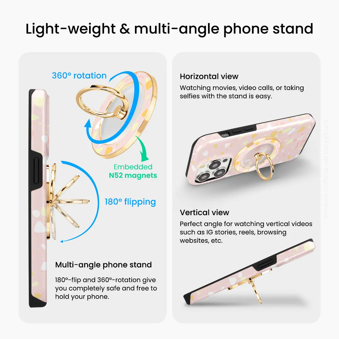 Pink Peony Terrazzo - Golden MagSafe Phone Grip and Ring Holder Stand