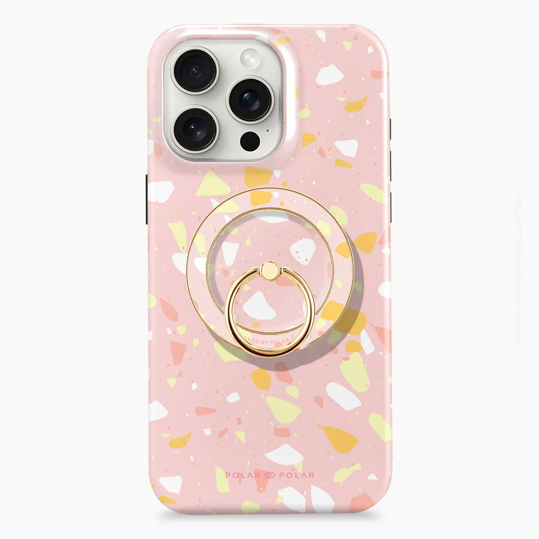 Pink Peony Terrazzo - Golden MagSafe Phone Grip and Ring Holder Stand