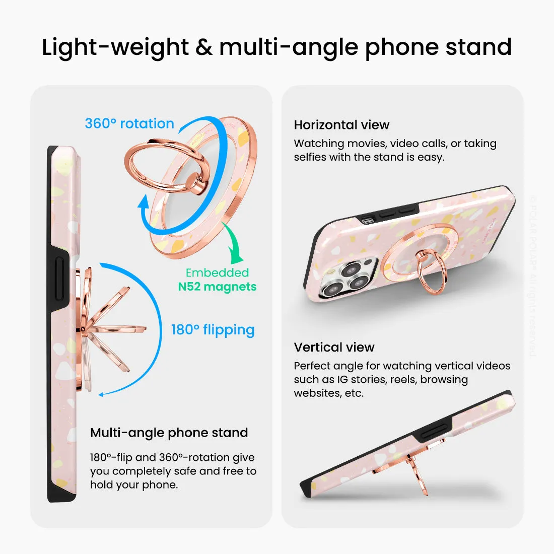 Pink Peony Terrazzo - Rose Gold MagSafe Phone Grip and Ring Holder Stand