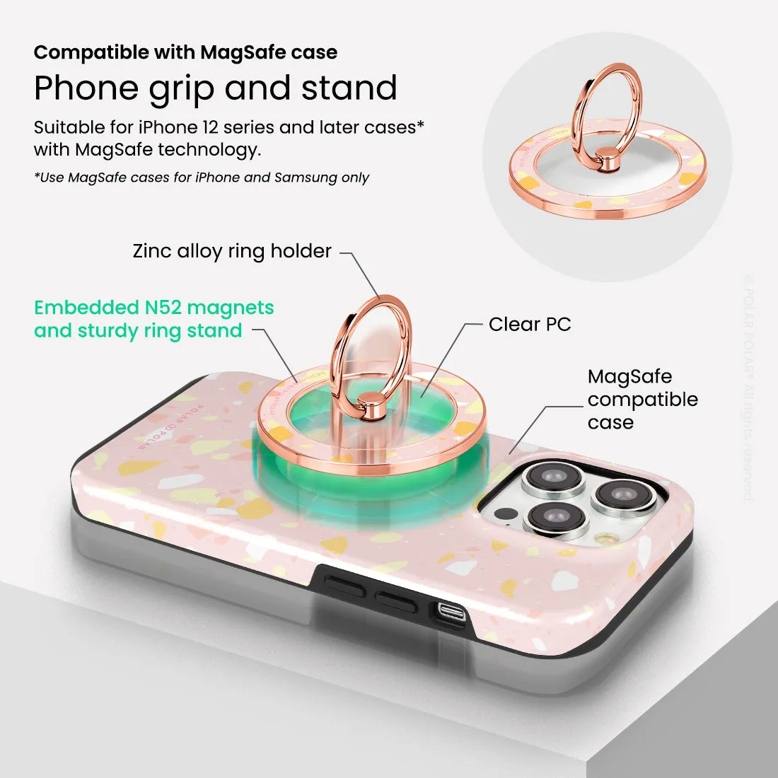 Pink Peony Terrazzo - Rose Gold MagSafe Phone Grip and Ring Holder Stand