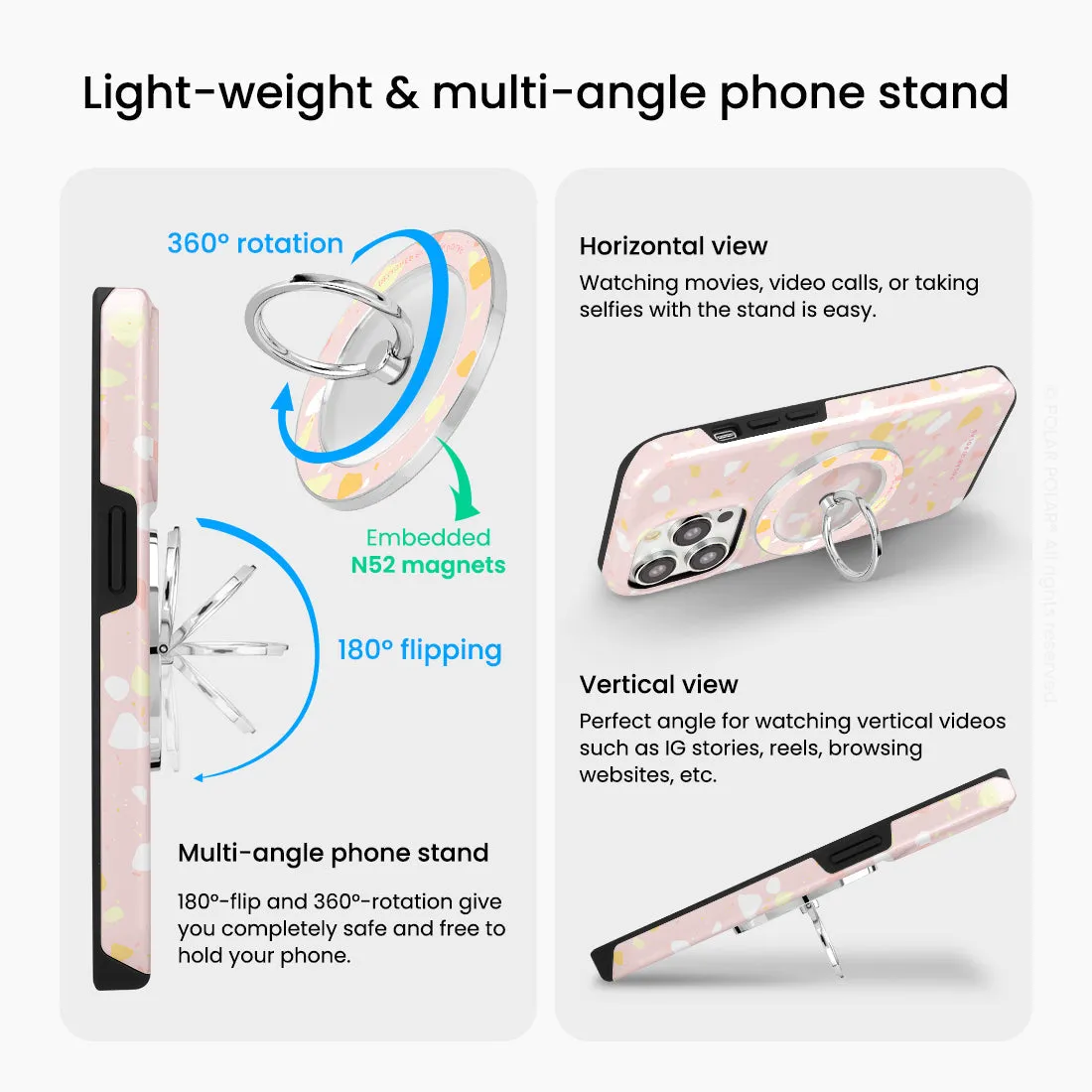 Pink Peony Terrazzo - Silver MagSafe Phone Grip and Ring Holder Stand