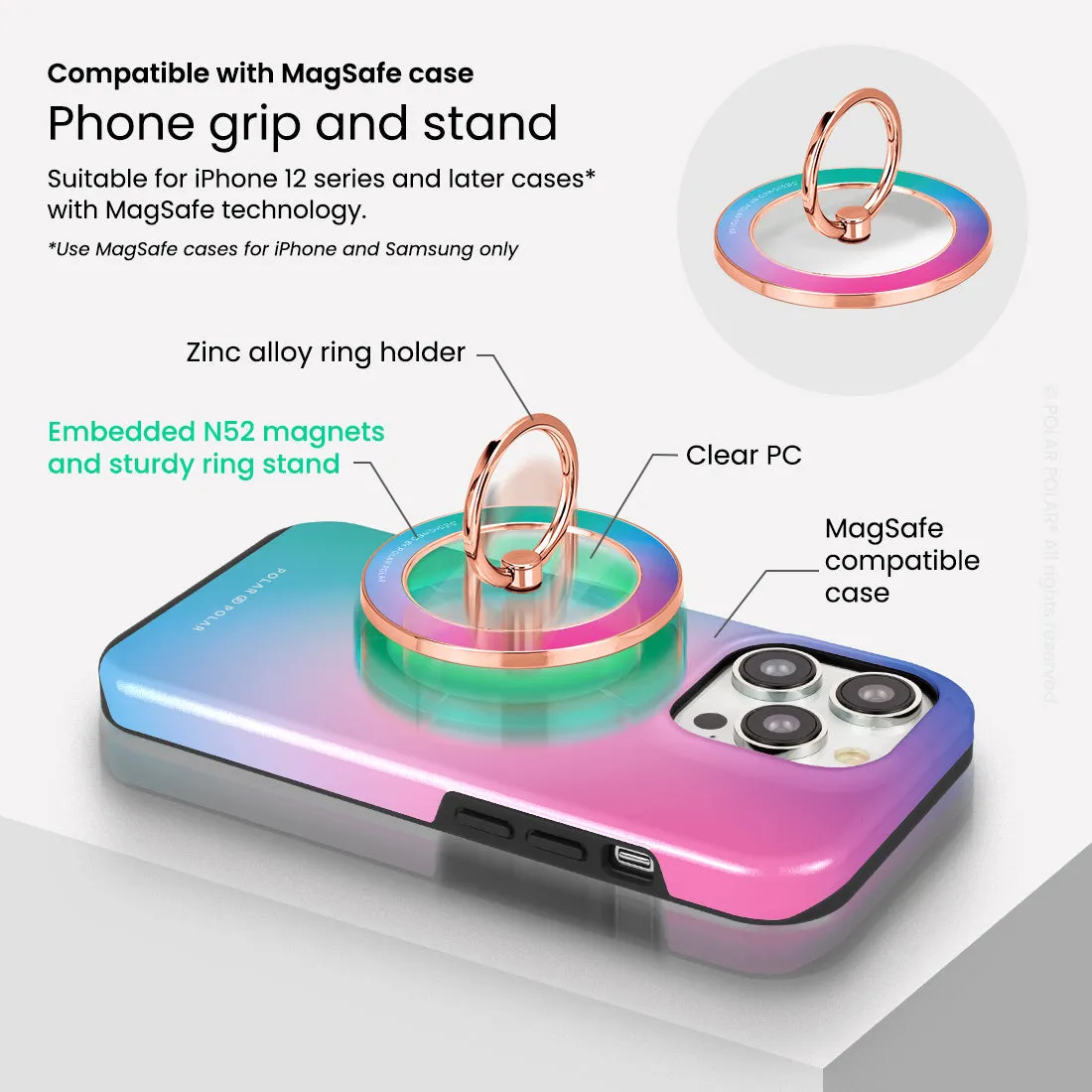 Polar Light - Rose Gold MagSafe Phone Grip and Ring Holder Stand
