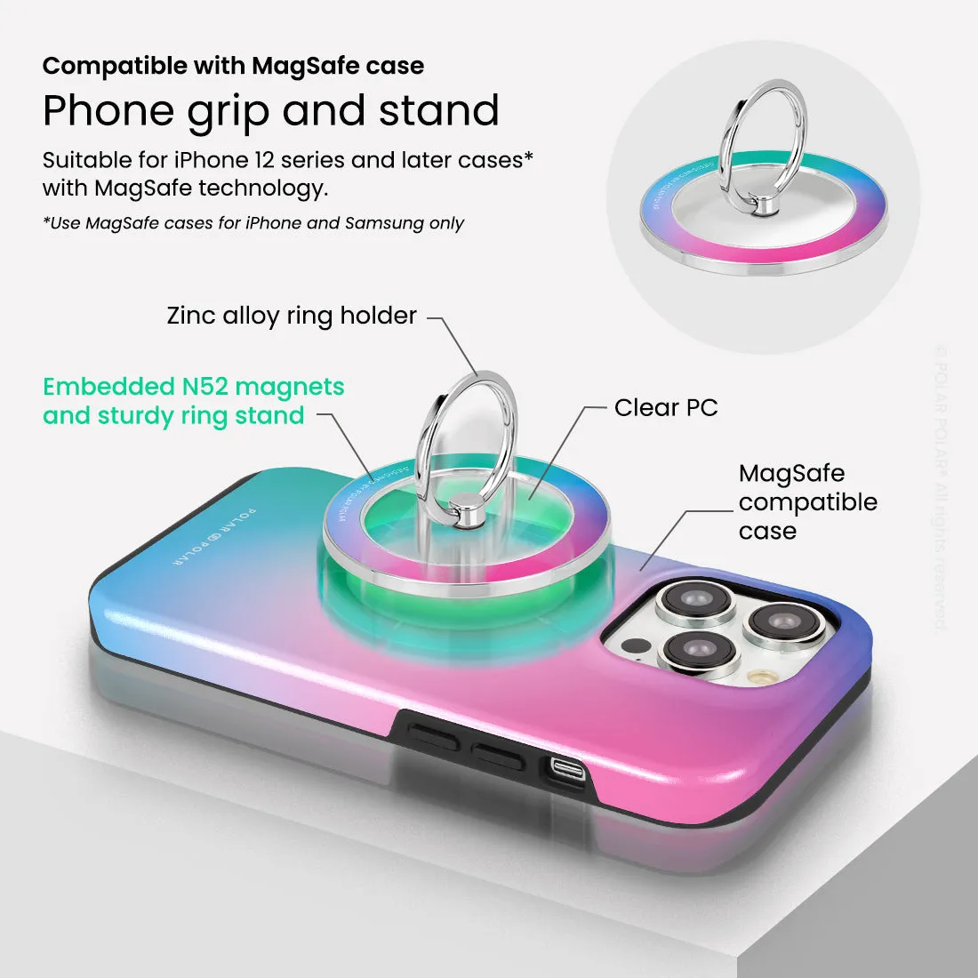 Polar Light - Silver MagSafe Phone Grip and Ring Holder Stand