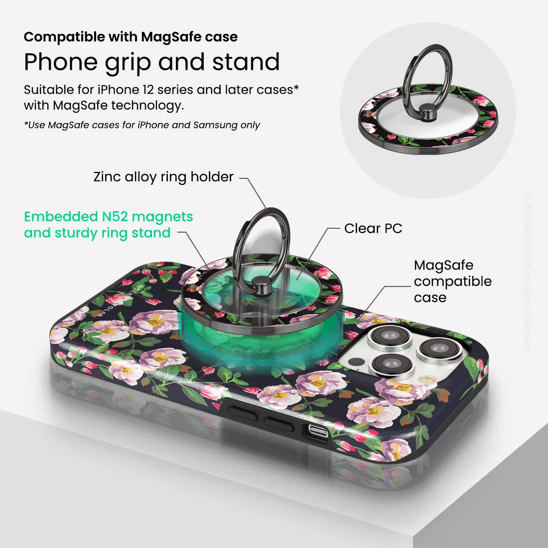 Purple Camellias - Black MagSafe Phone Grip and Ring Holder Stand