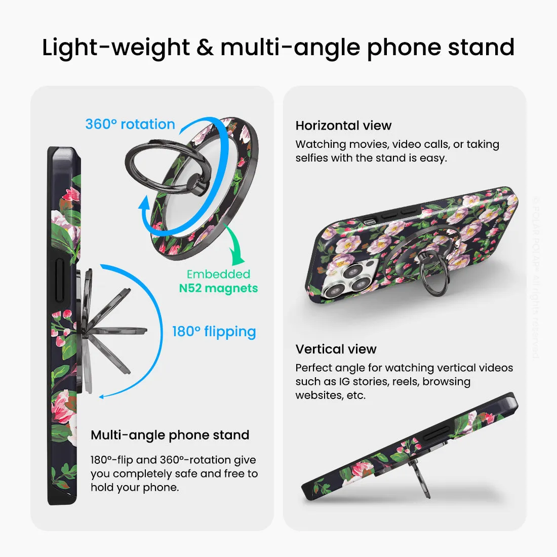 Purple Camellias - Black MagSafe Phone Grip and Ring Holder Stand