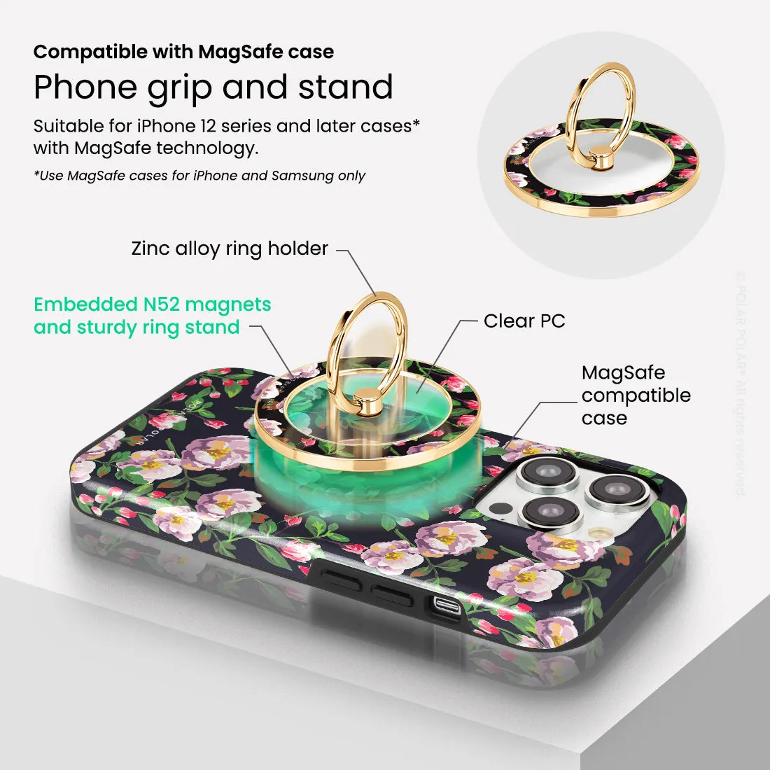 Purple Camellias - Golden MagSafe Phone Grip and Ring Holder Stand