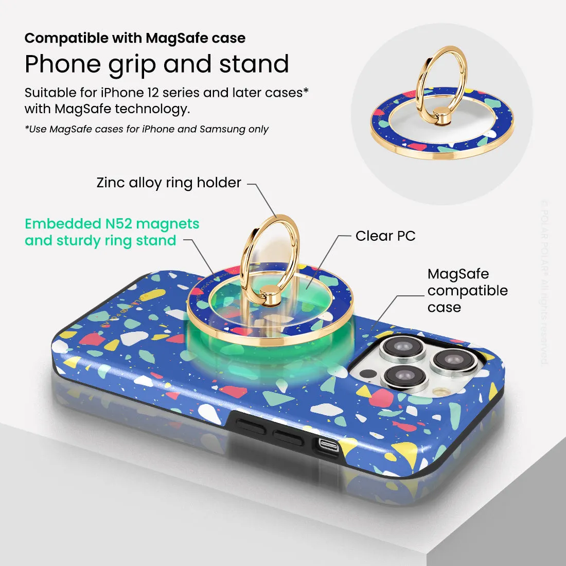 Royal Blue Terrazzo - Golden MagSafe Phone Grip and Ring Holder Stand