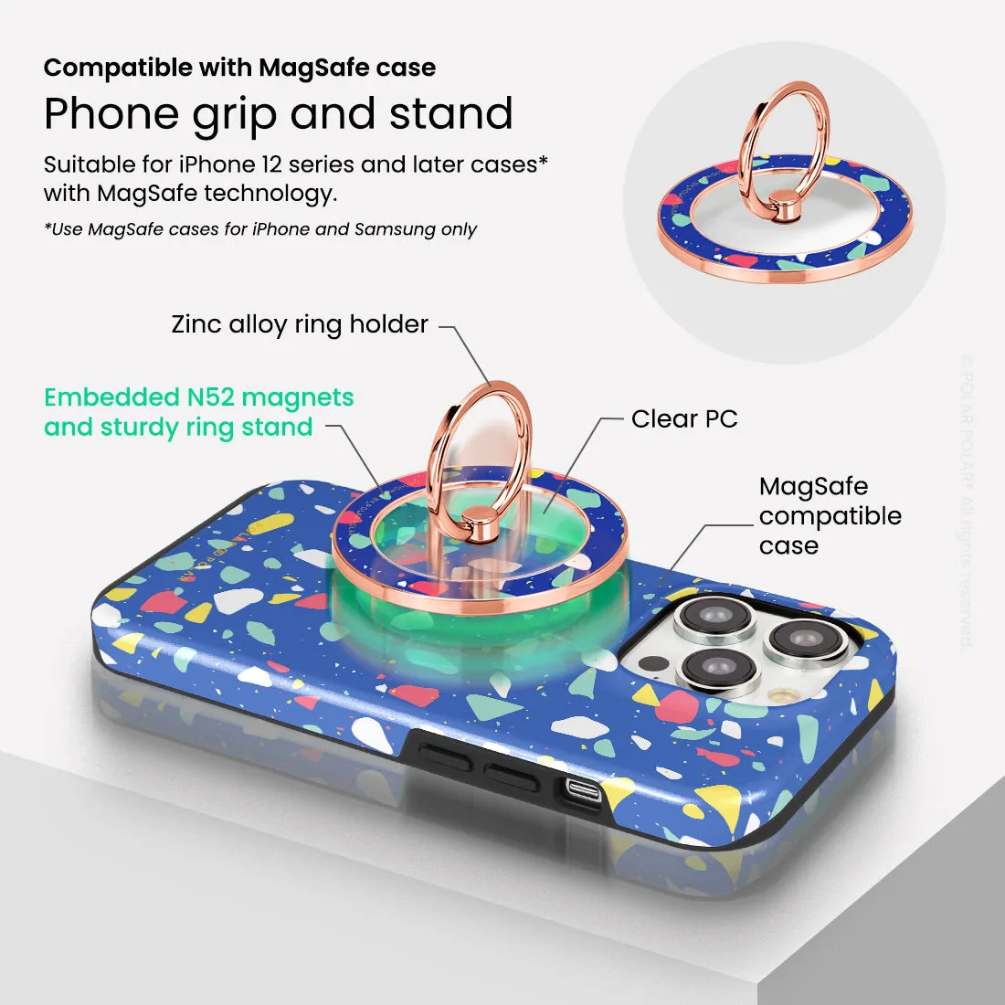 Royal Blue Terrazzo - Rose Gold MagSafe Phone Grip and Ring Holder Stand