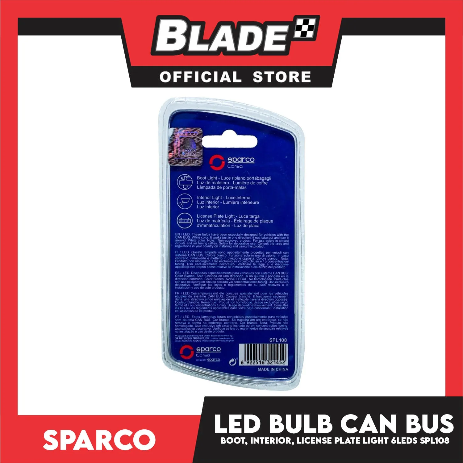Sparco Led Bulb Can Bus SPL108 8LEDS Used for Boot Light, Interior Light And License Plate Light