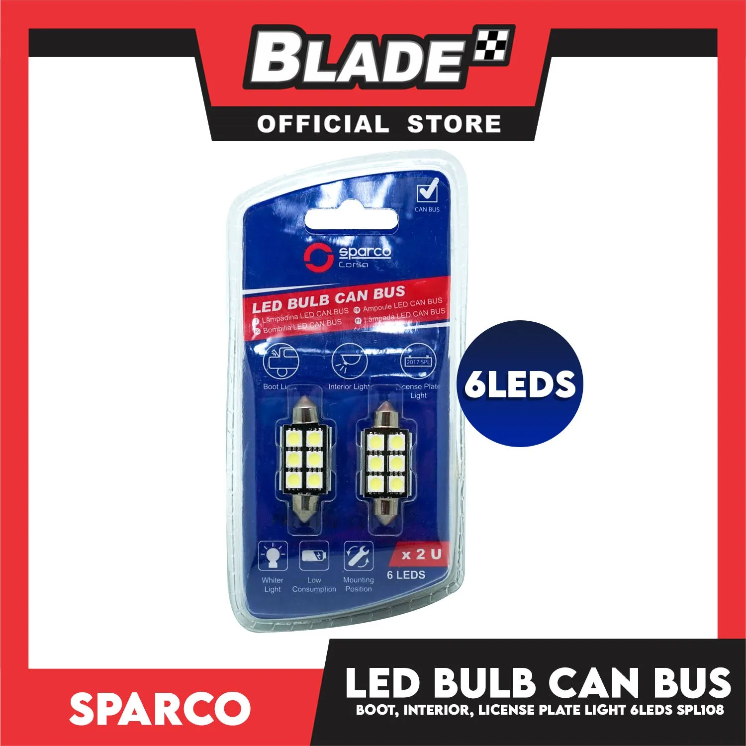 Sparco Led Bulb Can Bus SPL108 8LEDS Used for Boot Light, Interior Light And License Plate Light