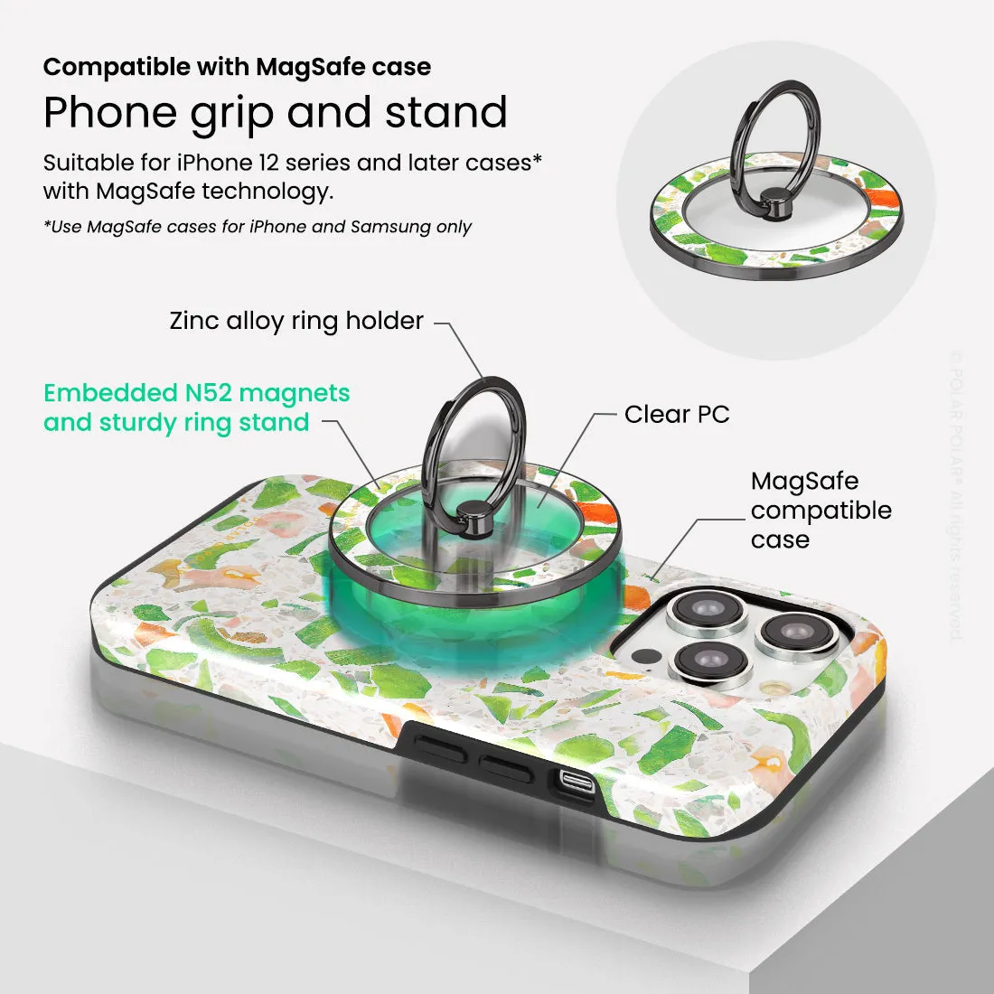 Terrazzo Green - Black MagSafe Phone Grip and Ring Holder Stand