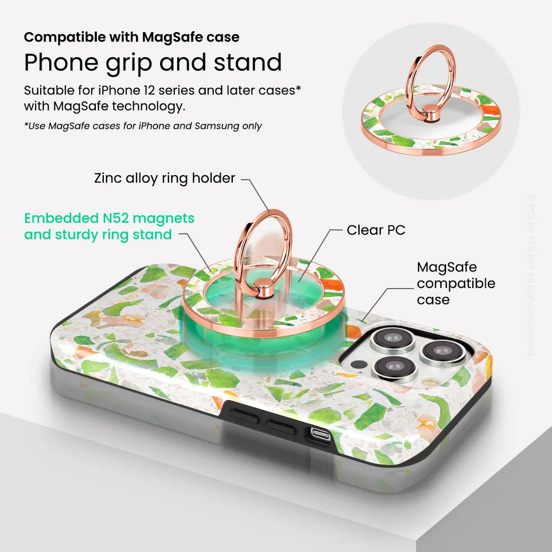Terrazzo Green - Rose Gold MagSafe Phone Grip and Ring Holder Stand