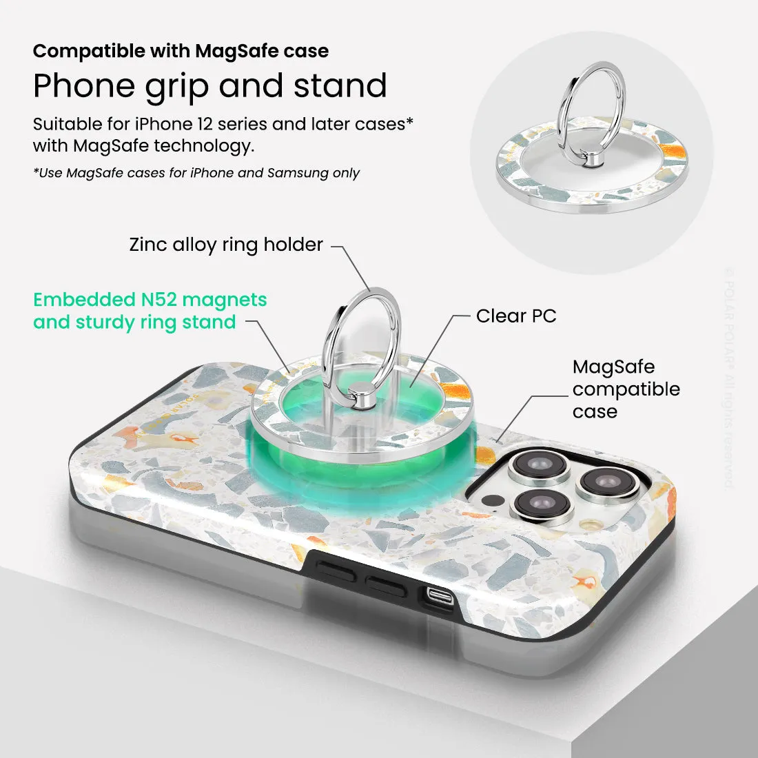 Terrazzo Grey - Silver MagSafe Phone Grip and Ring Holder Stand