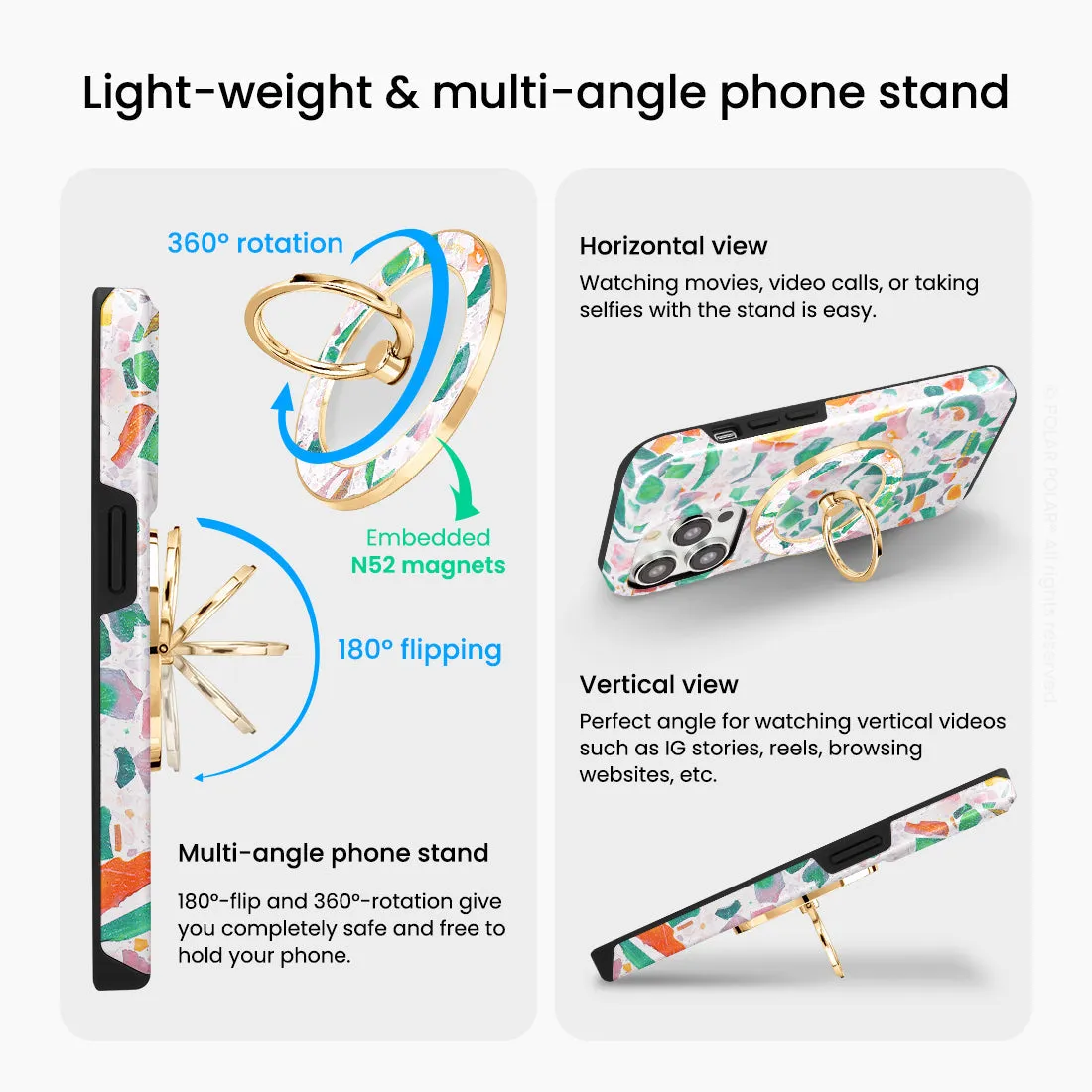 Terrazzo Lake Blue - Golden MagSafe Phone Grip and Ring Holder Stand