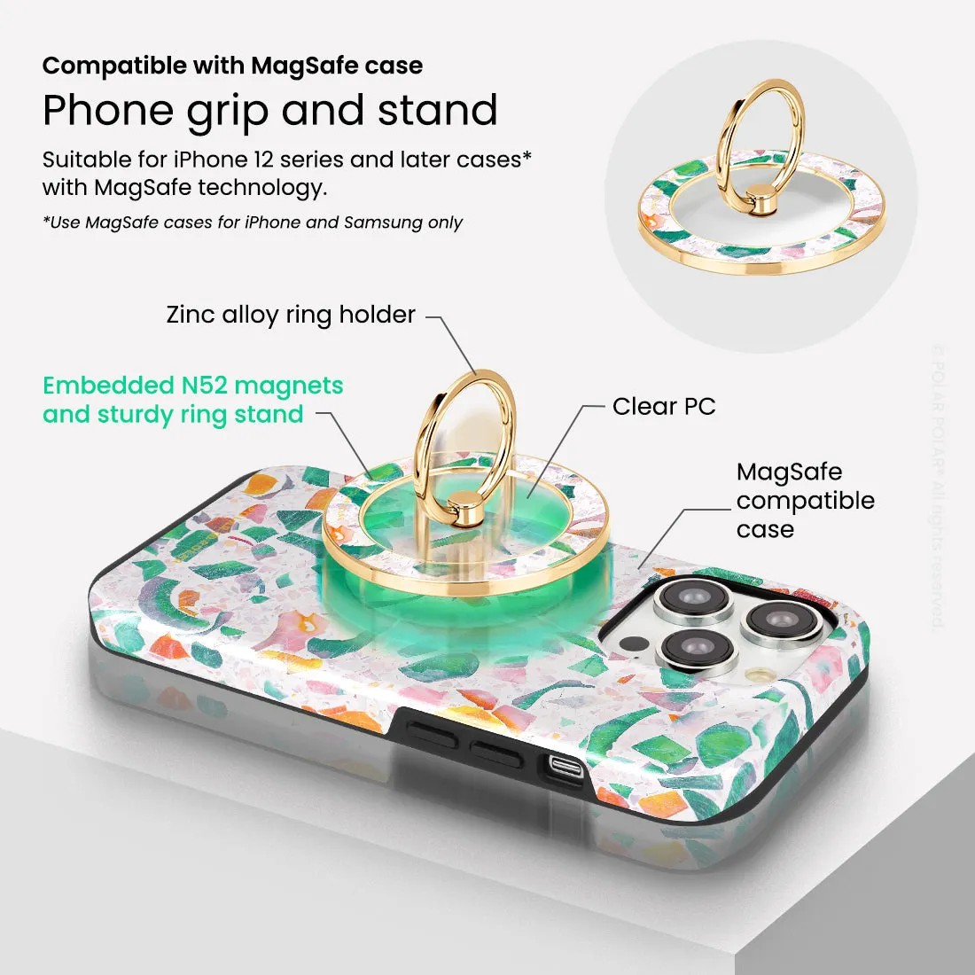 Terrazzo Lake Blue - Golden MagSafe Phone Grip and Ring Holder Stand