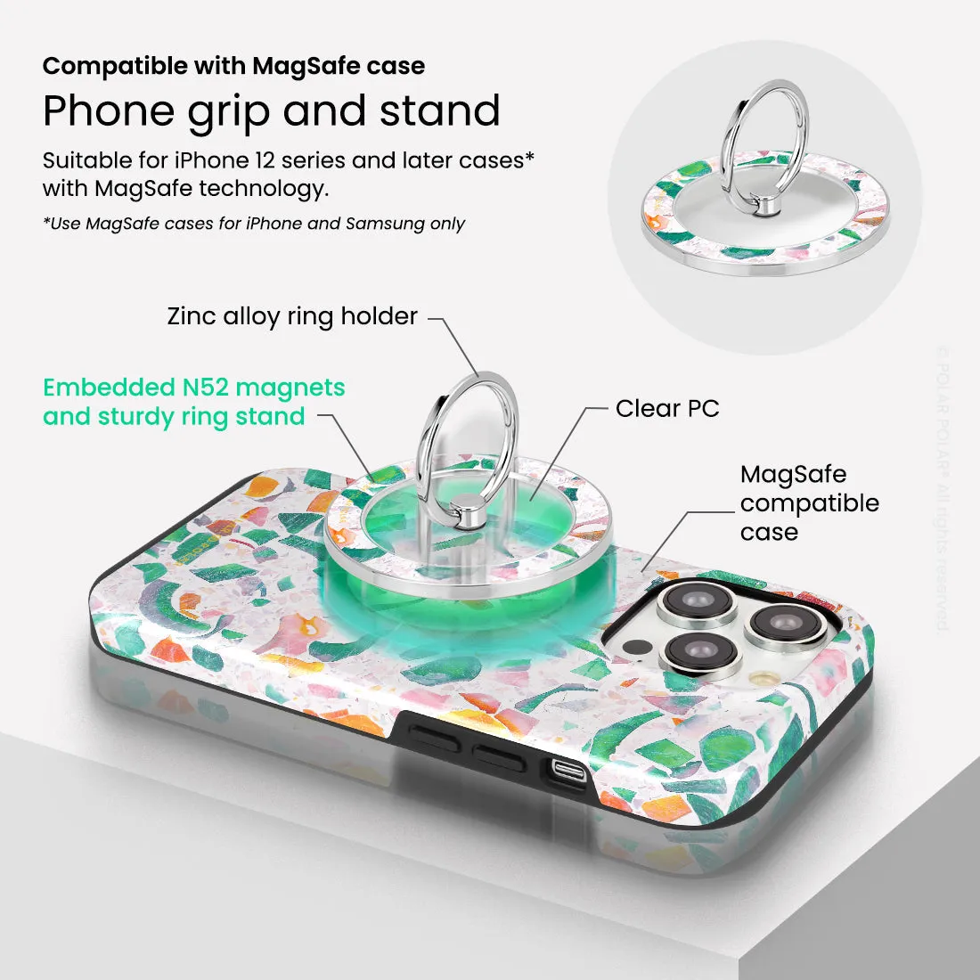 Terrazzo Lake Blue - Silver MagSafe Phone Grip and Ring Holder Stand