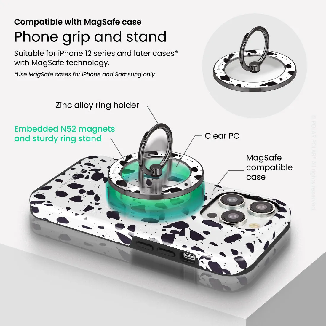 White Rocky Road Terrazzo - Black MagSafe Phone Grip and Ring Holder Stand