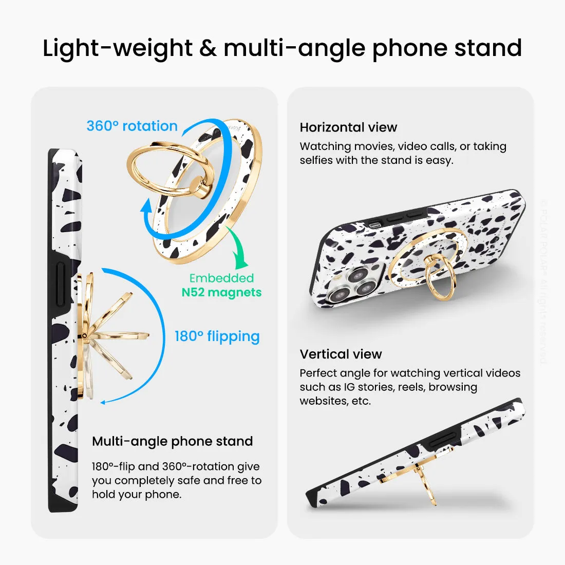 White Rocky Road Terrazzo - Golden MagSafe Phone Grip and Ring Holder Stand