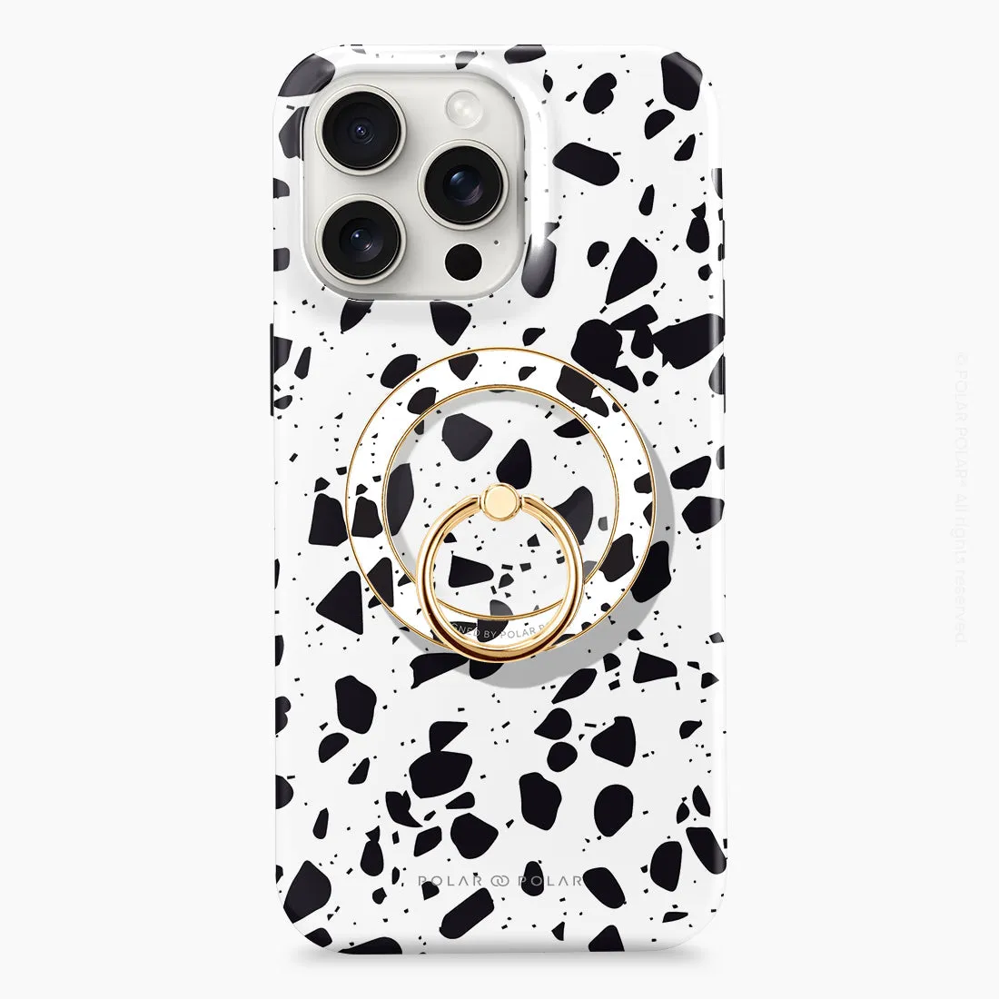 White Rocky Road Terrazzo - Golden MagSafe Phone Grip and Ring Holder Stand