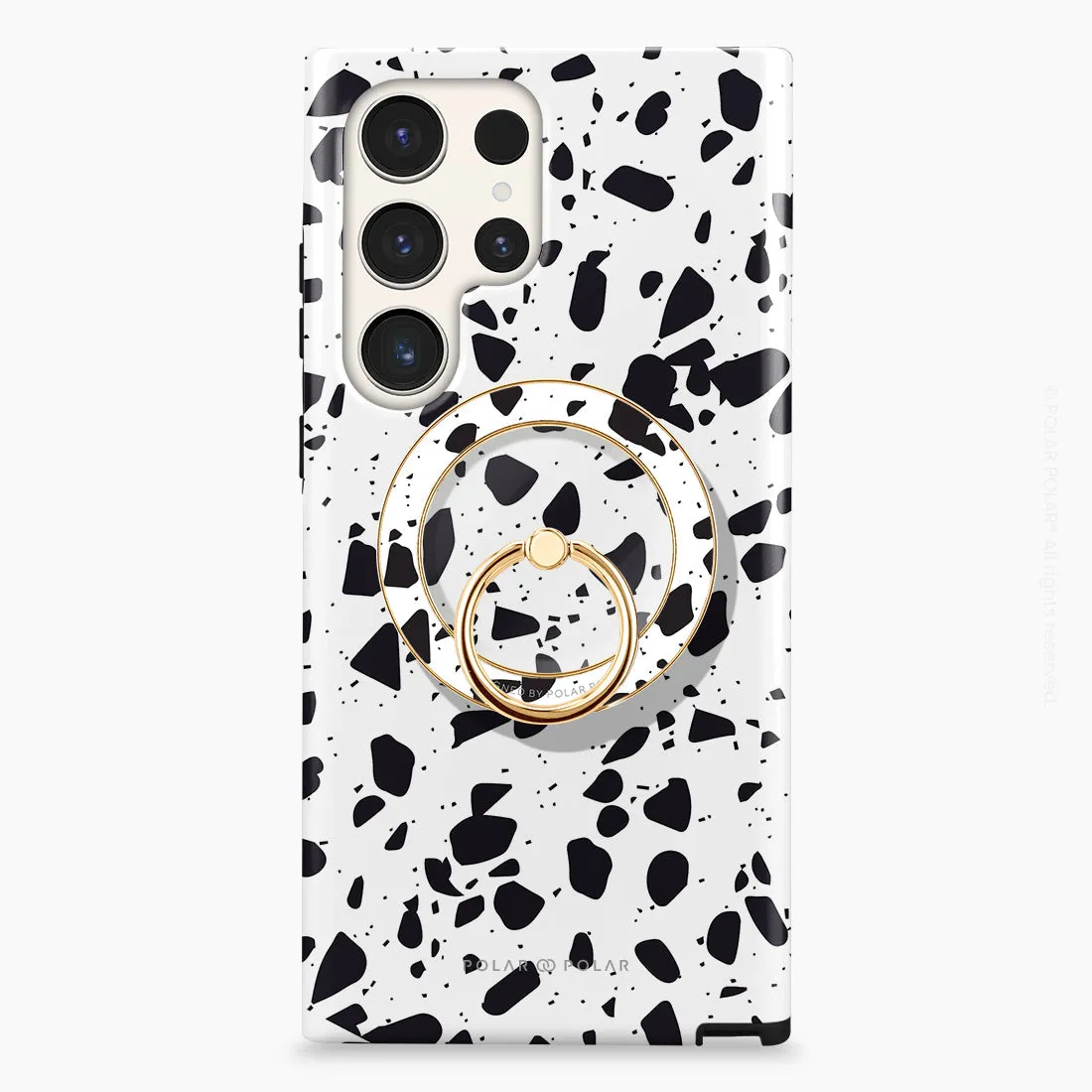 White Rocky Road Terrazzo - Golden MagSafe Phone Grip and Ring Holder Stand